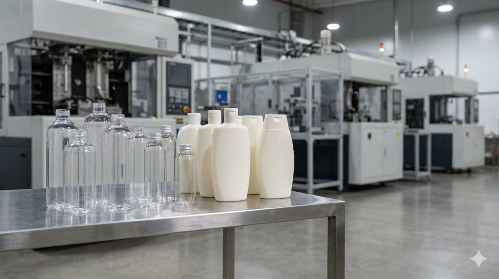 Cosmetics packaging bottles produced using stretch and extrusion blow molding