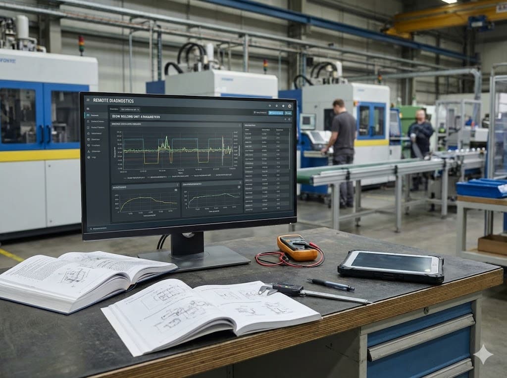 End-to-end technical support for blow molding machines including remote troubleshooting