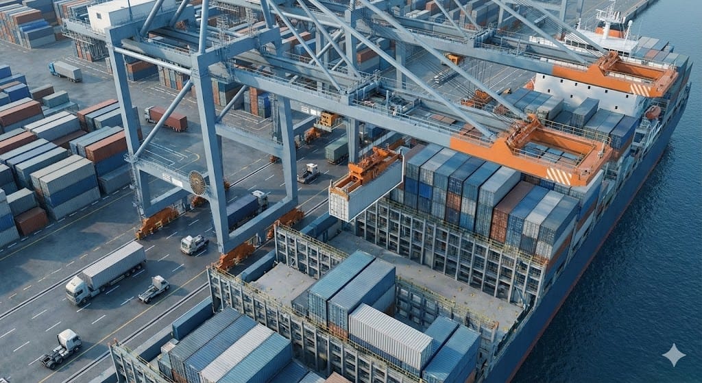 Aerial view of shipping container port logistics for global machinery export