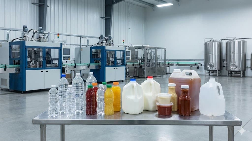 Food and beverage PET and HDPE bottles produced by blow molding machines