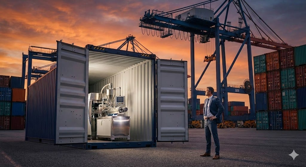 Man inspecting extrusion blow molding machine in container (ID#1)
