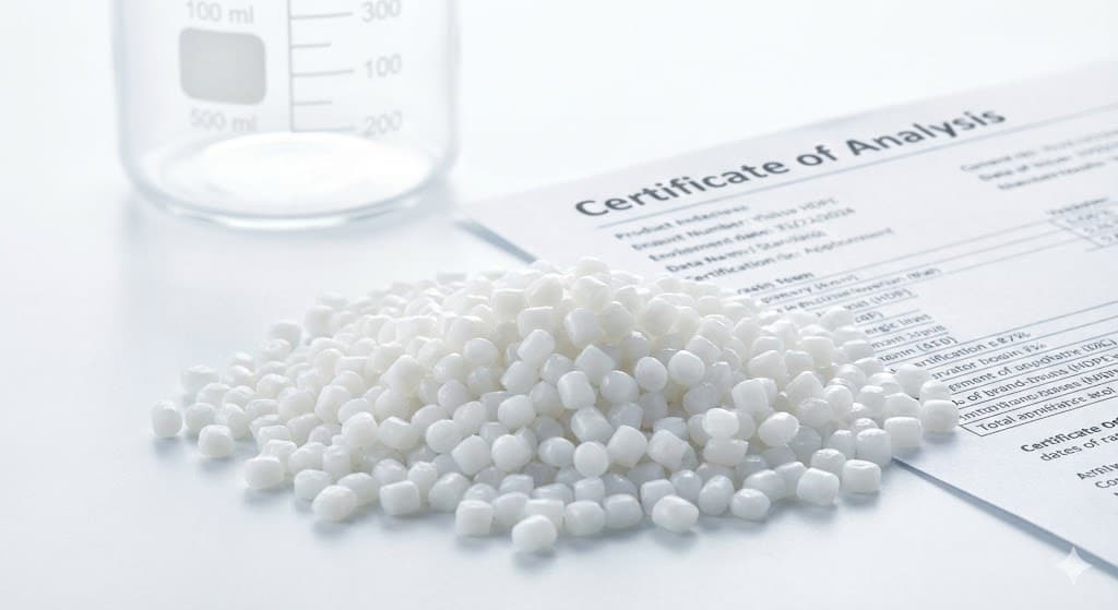 Virgin PET resin granules pouring into hopper for food-grade plastic production (ID#1)