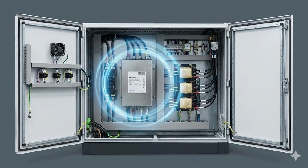 Worker inspecting heavy machinery container at port (ID#2)