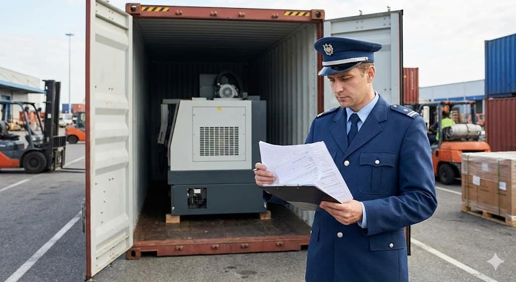 Customs officer checking shipment documents at port (ID#5)