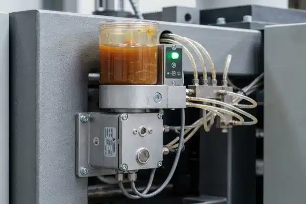 Automatic lubrication pump station on all-electric blow molding machine for reduced manual labor (ID#5)