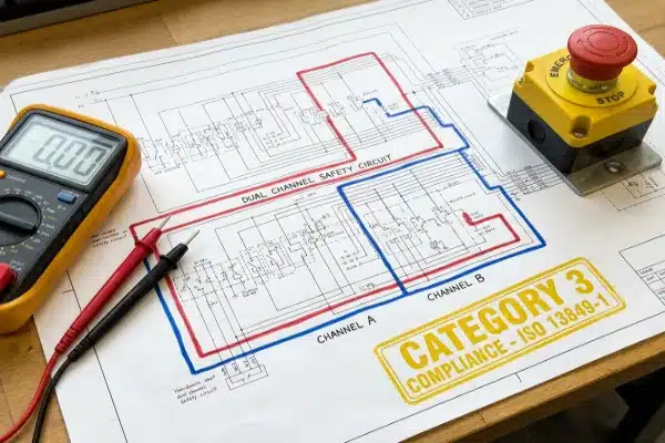 Electrical schematic showing Category 3 safety compliance for blow molding machinery (ID#4)