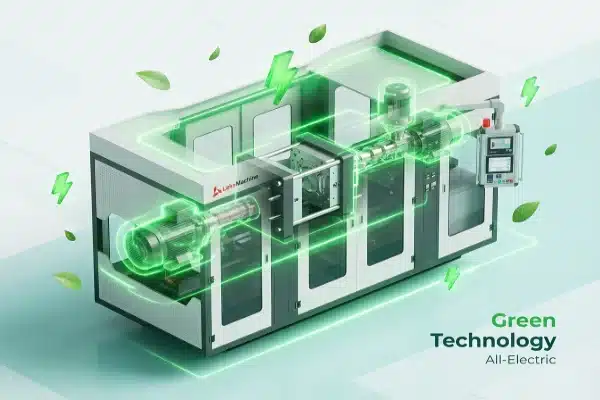 Futuristic green technology 3D render of an all-electric blow molding machine (ID#1)