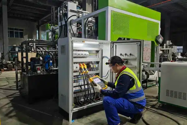 Engineer analyzing machine frame structure