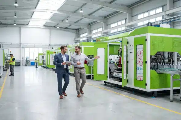 LEKA Machine Factory Visit Potential buyer and supplier discussing all-electric blow molding machines during factory visit (ID#5)