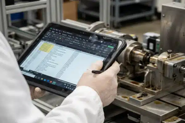 Hand holding tablet displaying detailed blow molding machine BOM for technical brand auditing (ID#1)