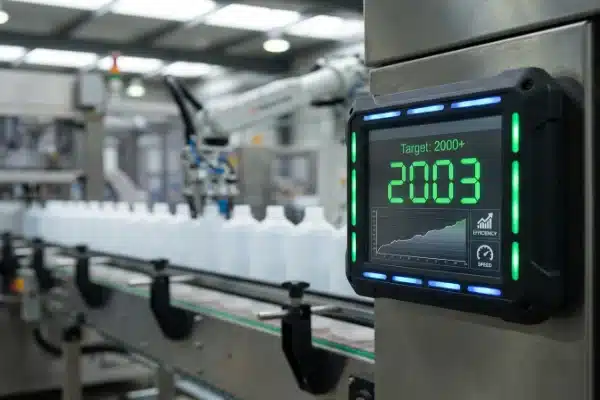 A digital HMI control screen on an all-electric extrusion blow molding machine displaying a high-volume production target for PCR HDPE bottles in a modern factory setting.