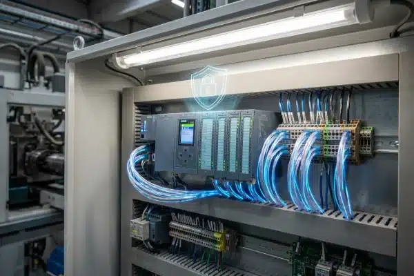 Conceptual digital illustration of a modular industrial PLC system for an all-electric extrusion blow molding machine, highlighting secure software upgrade paths and open communication standards.