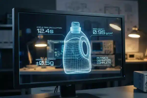 Digital cycle time simulation and 3D wireframe model of a plastic bottle (ID#1)