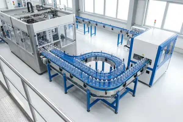3D isometric layout of a LEKA Machine all-electric extrusion blow molding production line featuring a synchronized buffer zone and conveyor system connecting to a downstream leak tester for seamless capacity management.