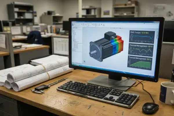 Engineering workstation showing 3D servo motor simulation and thermal management data (ID#1)