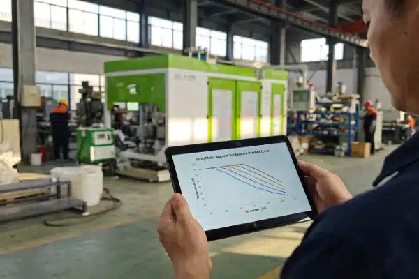 Plant manager analyzing servo motor temperature derating curve on a digital tablet (ID#3)