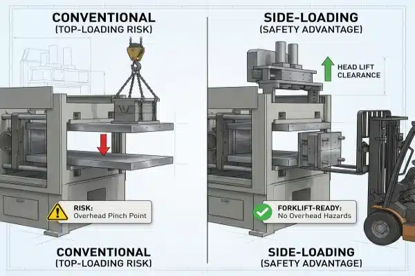 Forklift-ready side-loading mold system with head lift clearance for safer machine changeovers (ID#2)