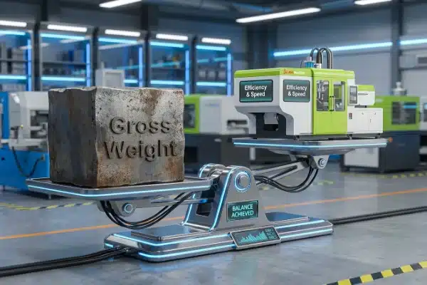Abstract industrial scale comparing machine weight versus production efficiency and speed (ID#1)