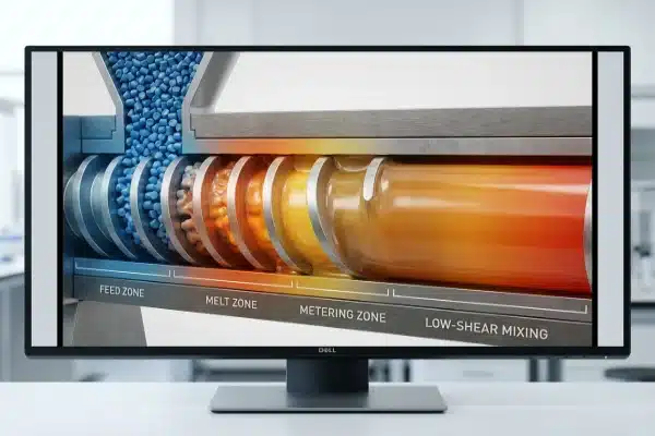 Illustration of extruder screw transition from solid plastic pellets to molten liquid (ID#3)