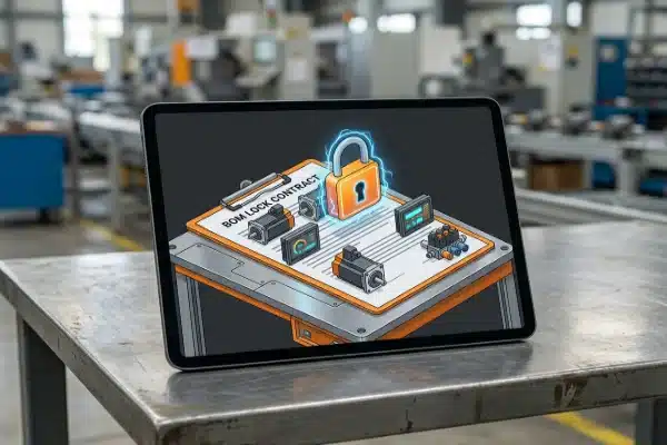 3D illustration of a BOM lock contract for electric blow molding machine components (ID#1)