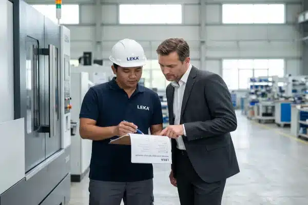 LEKA manager and client reviewing FAT checklist for electric blow molding machines (ID#2)