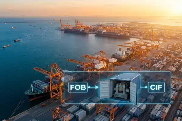 Global shipping port at sunrise showing FOB vs CIF logistics for blow molding machinery (ID#1)