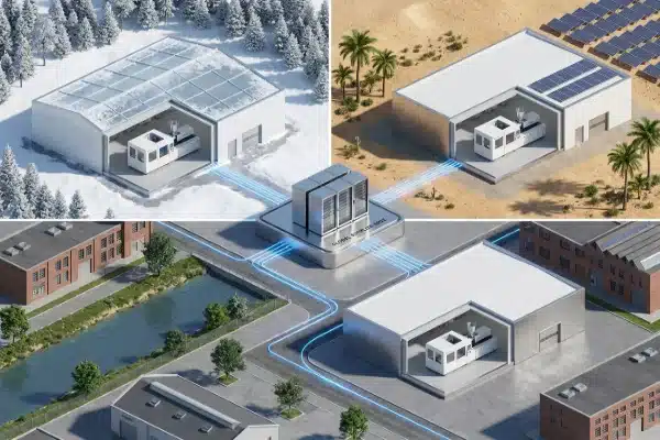 A 3D isometric render of manufacturing facilities in Canada, California, and Germany connected to a central supplier node, featuring identical electric blow molding machines to demonstrate consistent global quality and supply chain reliability.