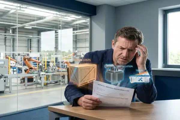 Factory owner reviewing machine quote with hidden industrial procurement costs (ID#1)
