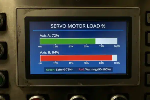 Monitoring servo motor load percentages on the blow molding machine HMI screen (ID#4)