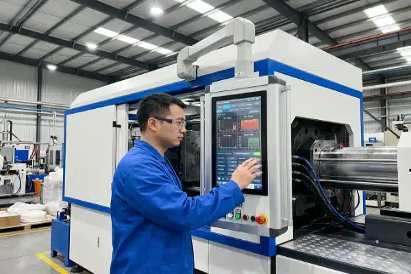 Engineer stress-testing HMI touch screen on all-electric extrusion blow molding machine (ID#1)