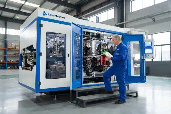 Senior mechanical engineer performing a pre-installation audit on a LEKA Machine all-electric extrusion blow molding machine using a digital checklist to ensure local setup readiness.