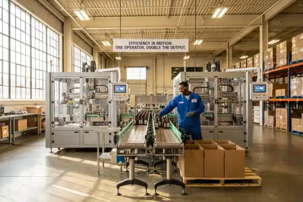 Factory operator efficiently packing bottles from a high-speed production station (ID#5)