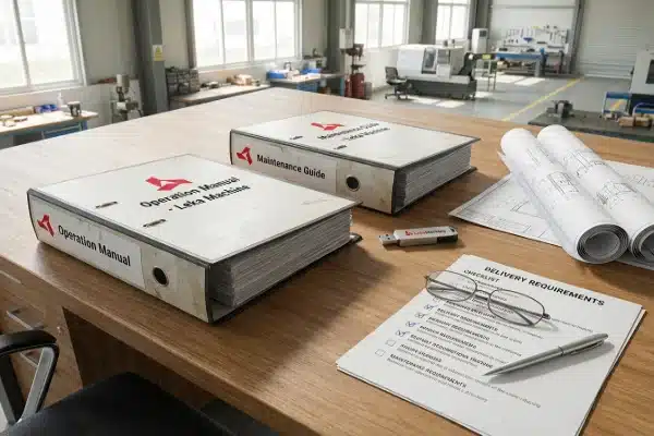 Comprehensive blow molding machine operation manuals and maintenance documentation on an industrial desk (ID#1)