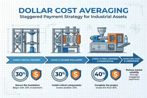 Staggered payment milestones for dollar cost averaging during blow molding machine manufacturing (ID#4)