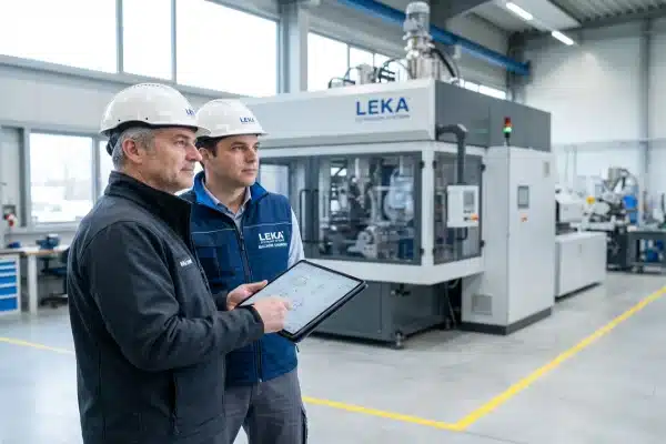 Business owner negotiating payment terms for industrial blow molding machinery (ID#1)