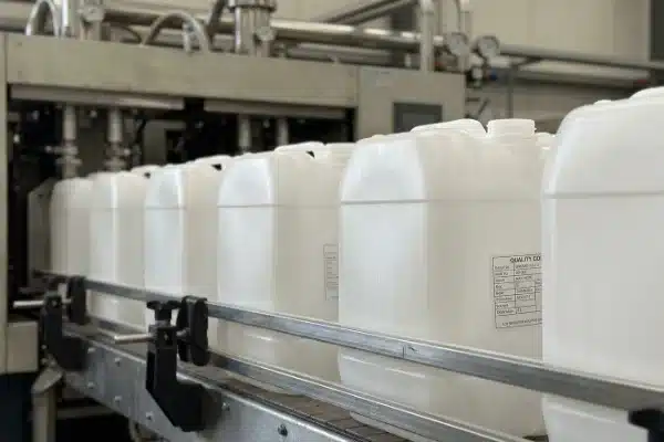 Durable 5-liter industrial jerry cans moving along an automated production line (ID#4)