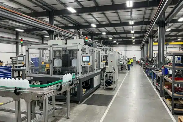 Double-station blow molding machine operating in a well-organized factory aisle (ID#3)