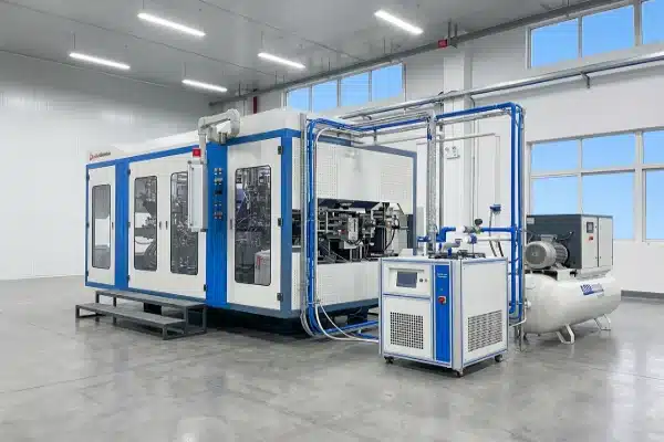 A 3D isometric render of an integrated all-electric extrusion blow molding production line featuring LEKA Machine equipment, auxiliary chillers, and compressors on a modern factory floor.