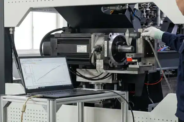 Precision Servo Calibration Technician performing precision servo motor calibration on an all-electric blow molding machine (ID#3)
