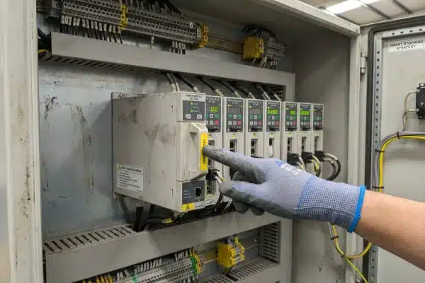 Industrial servo drive power module replacement inside a blow molding machine electrical cabinet (ID#2)