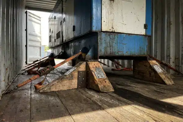 Securing extrusion blow molding machine base with wooden chocks and straps in shipping container (ID#3)