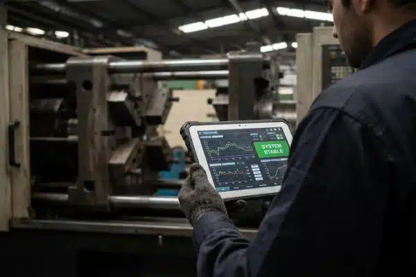 Factory manager monitoring real-time stability data on a digital tablet (ID#1)