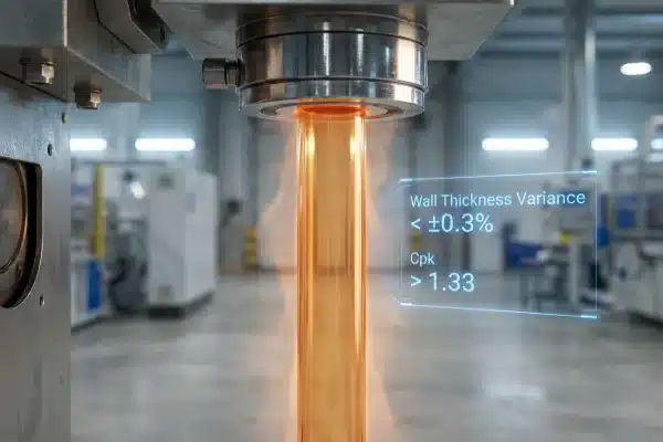 High-precision plastic parison extrusion with stability metrics and uniform wall thickness (ID#1)