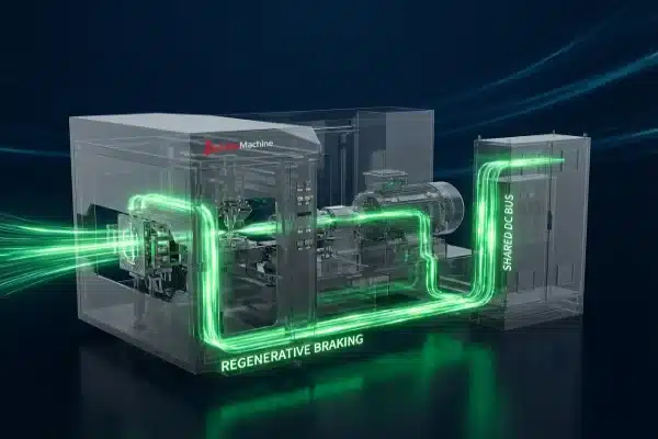 Schematic visualization of regenerative braking energy recovery in all-electric blow molding machines (ID#4)