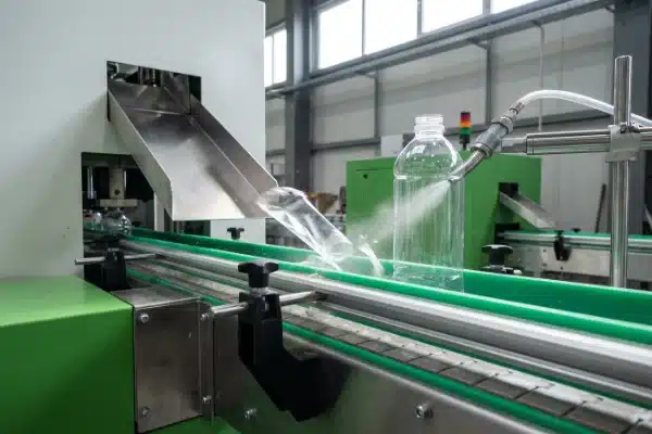Automated scrap ejection process removing plastic flash from bottle production line (ID#5)