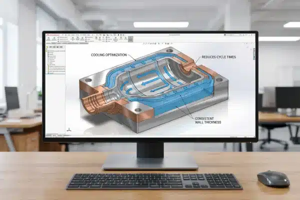Blow Mold Cooling Optimization 3D CAD rendering of blow mold steel with internal conformal cooling channels (ID#4)
