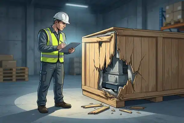 Shipping Damage Inspection Surveyor inspecting damaged wooden crate for insurance verification and shipping claims (ID#2)