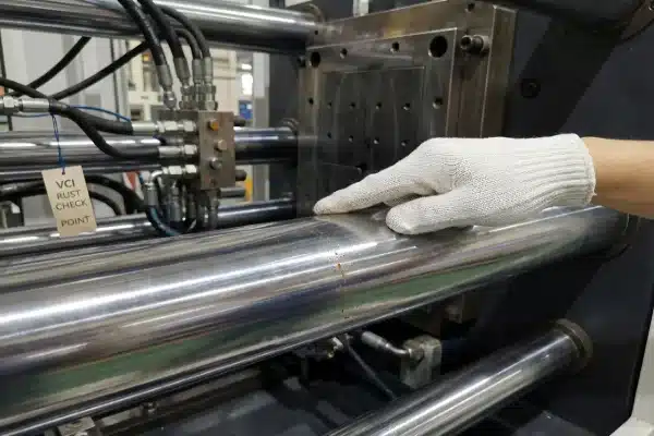Machine Tie-Bar Rust Check Close-up of engineer checking blow molding machine tie-bars for surface rust or pitting (ID#3)