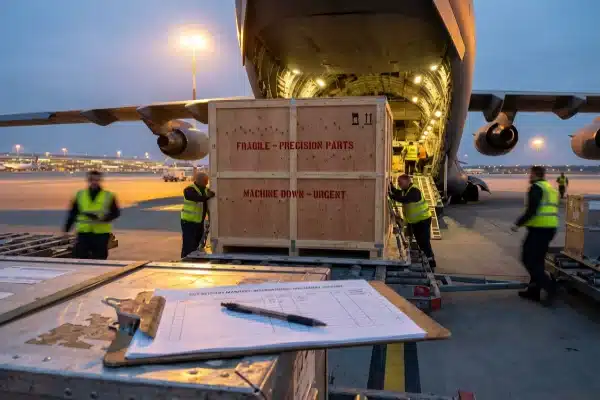 Air freight cargo container labeled Fragile Precision Parts being loaded onto a plane at twilight, representing negotiated DDP delivery terms for blow molding machine warranty support.