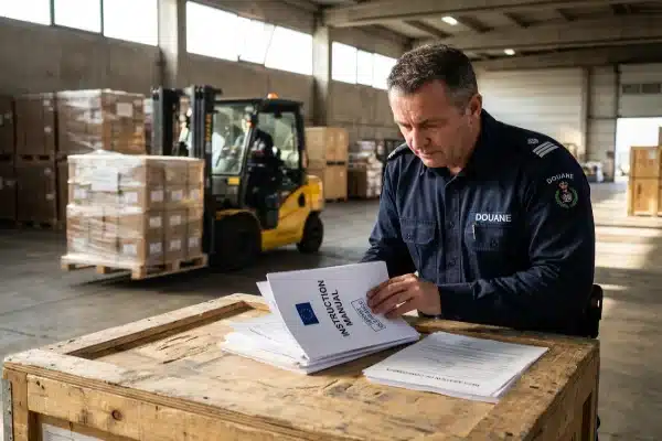 A customs officer inspecting the Declaration of Conformity and instruction manuals on a shipping crate to verify CE certification for an all-electric extrusion blow molding machine.